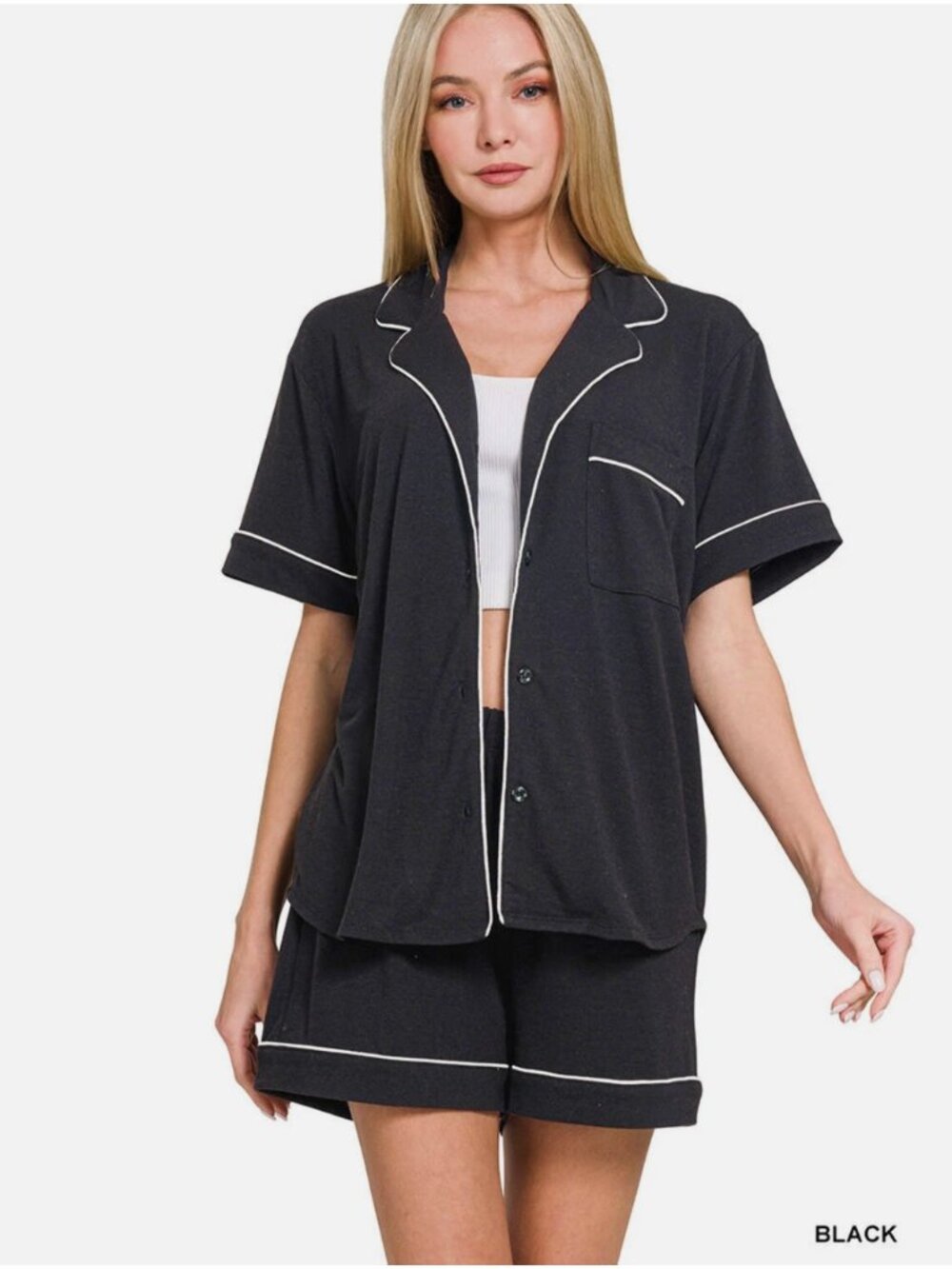 Zenana Women's Button Down Lounge Set - Black Size Medium